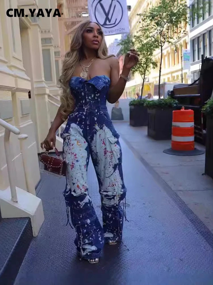 CM.YAYA Women Graffiti Multi Pocket Denim Cargo Safari Wide Leg Straight Jumpsuit Autumn One Piece Suit Romper Playsuits 250109