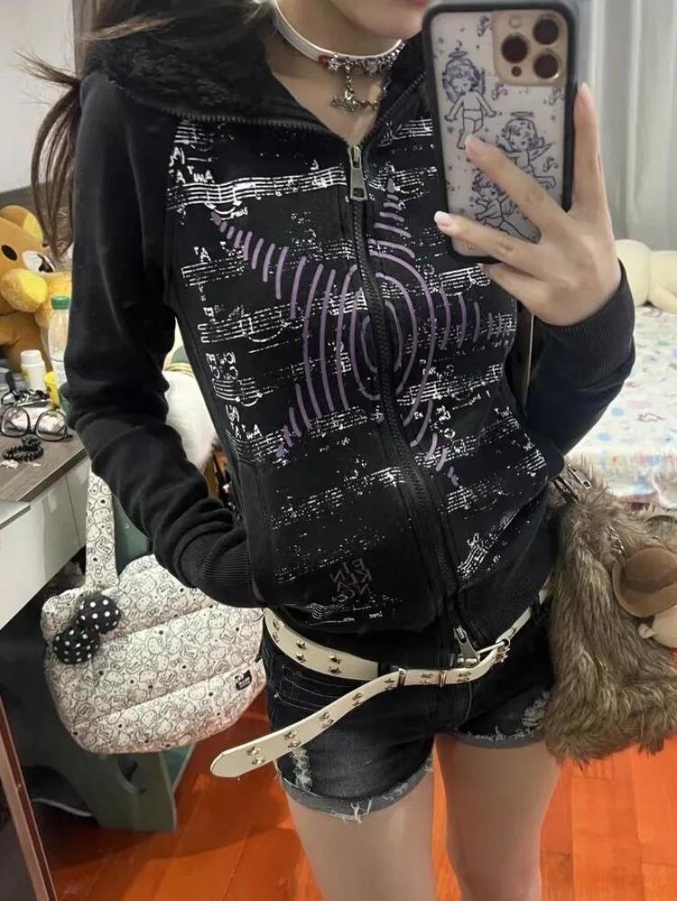 Y2k Fairy Cropped Hoodies Jackets Women Punk Double Zippers Slim Fit Coats Aesthetic Grunge Harajuku Star Print Tops Streetwear 250118