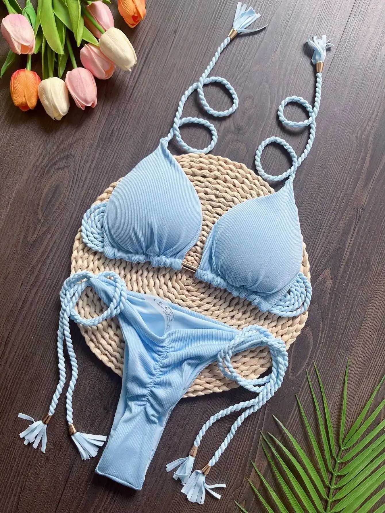 RUOTONSEPT 2024 Sexy Women Swimsuit Braiding rope Bikini Set Two-piece Triangle Solid Swimwear Bathing Suit Brazilian BiquinisXJ250120