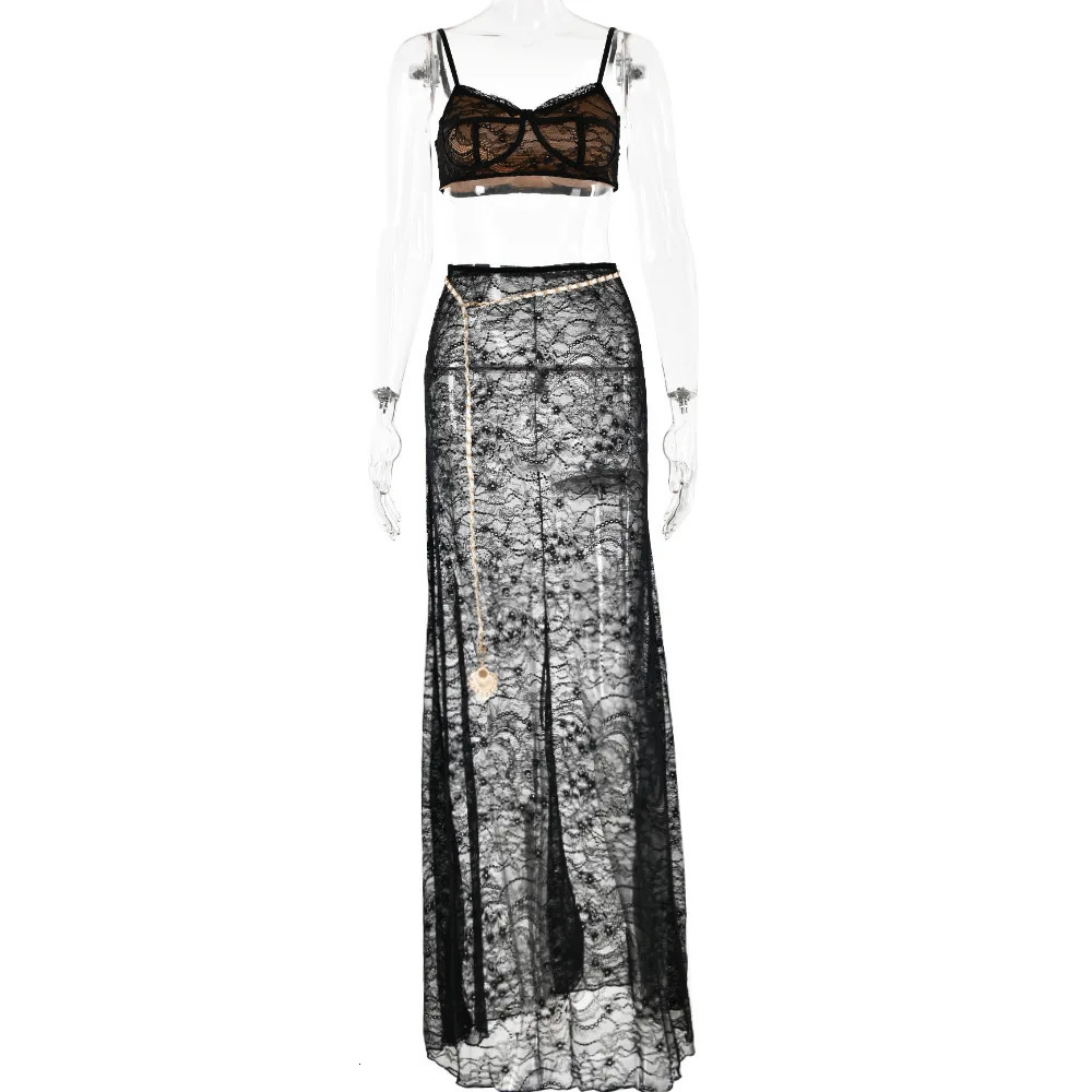 DRC Sexy Dresses 2 Piece Sets Crop Top Maxi Skirt Elegant Party Evening Sheer Lace Dress Vacation Outfits for Women 2025 250113