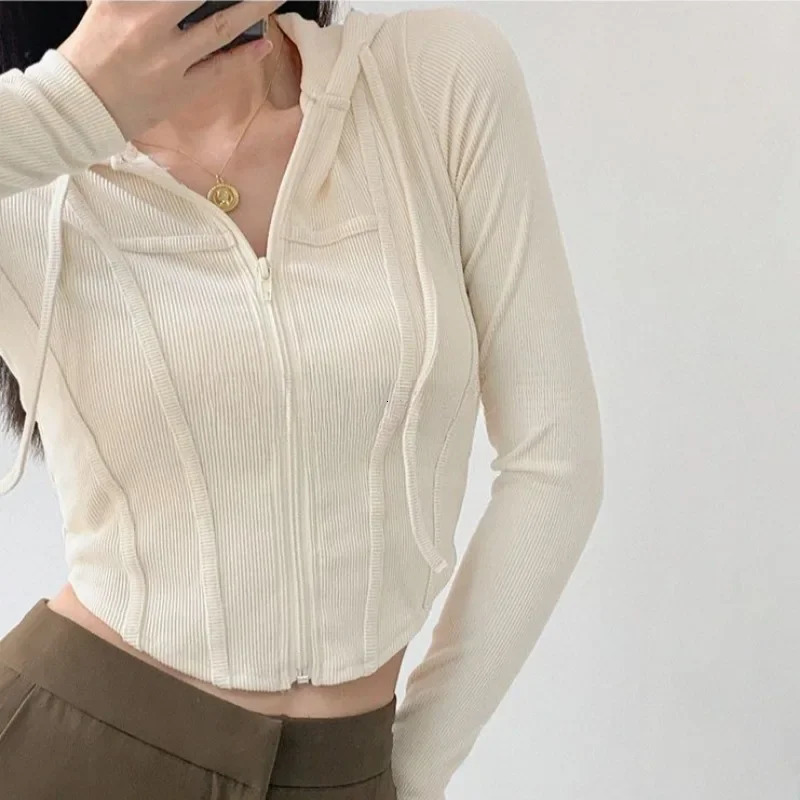 Thin Hooded Cardigan Women Vintage Slim Solid Sports Jacket Vertical Pit Stripe Zipper Female Sexy Korean Cropped Tops 250122