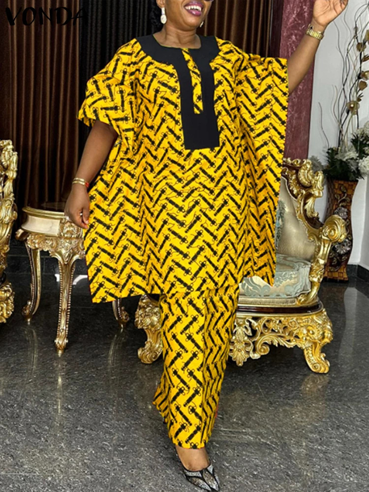 Plus Size 5XL VONDA Women Summer Dress Sets 2024 Half Bat Sleeve Vintage Printed Top Elastic Waist Maxi Suits Matching 2PCS 250122