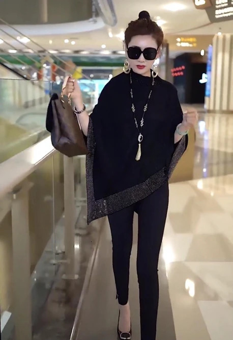 Autumn Fashion Winter Diamonds Knit Shawl Cloak Loose Plus Size Solid Woman Poncho Cape Pullover Sweater Black 250121