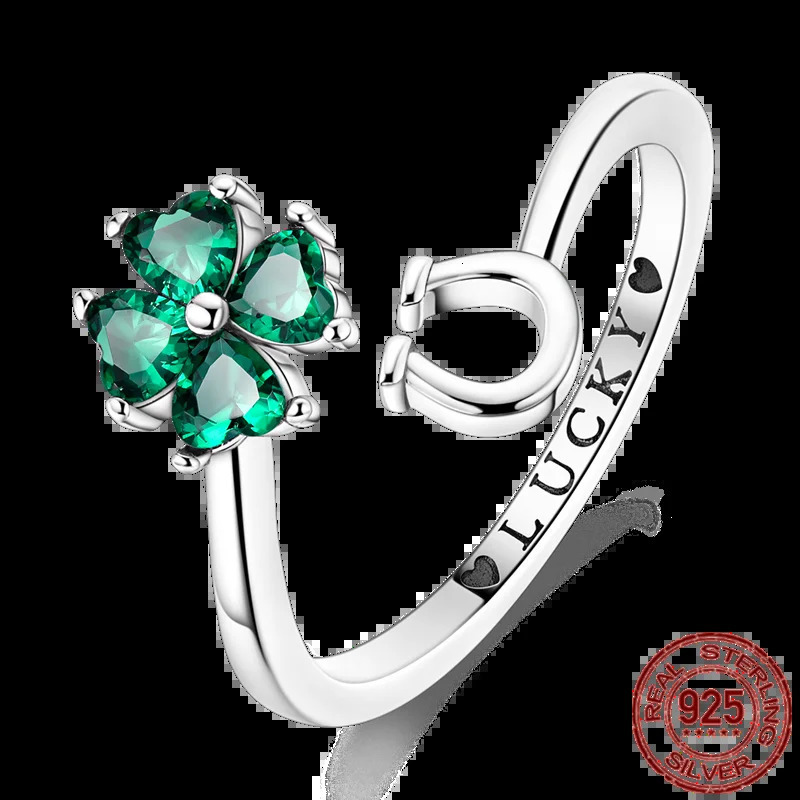 VAMO 925 Sterling Silver CZ Zircon Rings Clover Horseshoe Open Woman Rings Sparkling Wedding Rings For Women Jewelry Anniversary 250121