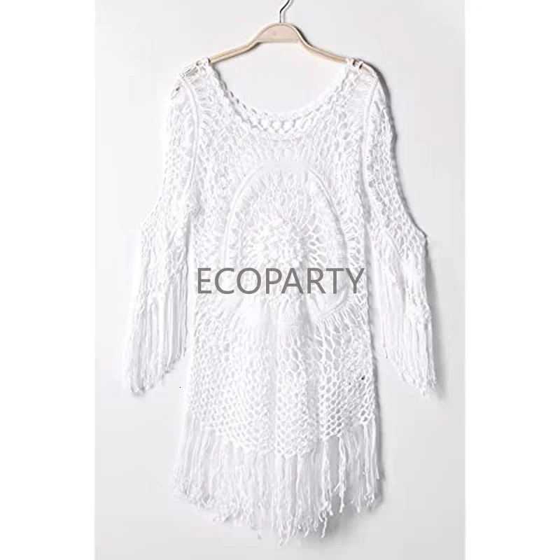White Crochet Bikini Cover Up with Fringe Trim Women Sexy Hollow Out Beach Swimsuit Dress 2023 Summer Bathing Suit Beachwear 250120