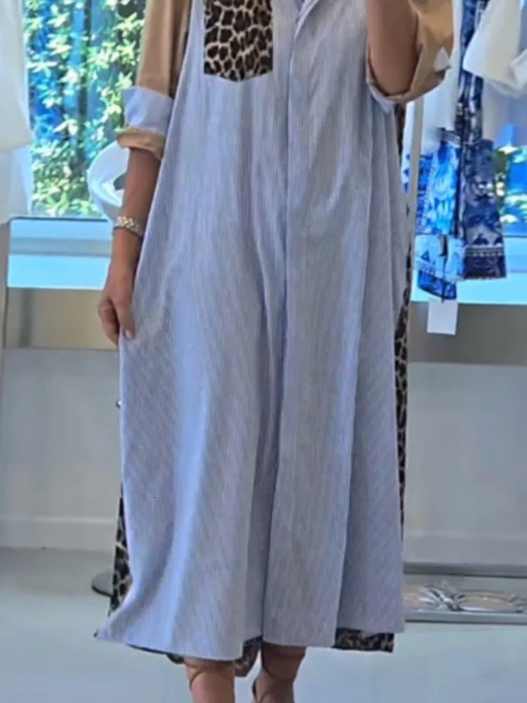 Fashion Lapel Long Sleeve Single Breasted Shirt Dress Women Autumn Elegant Pocket Splicing Striped Leopard Print Dresses Female 250113