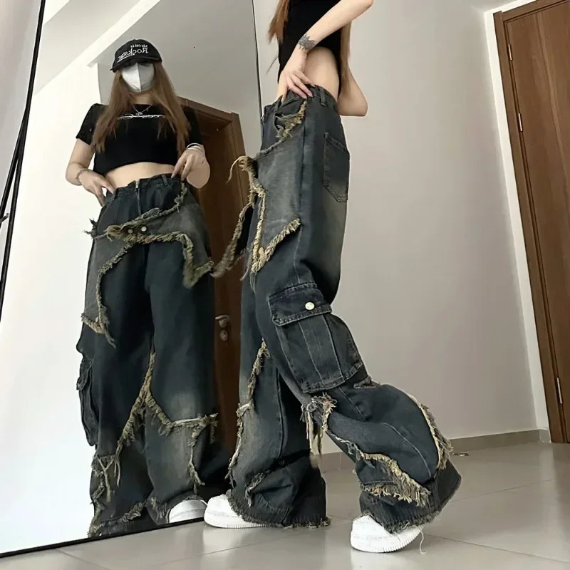 women star stitching tassel pants American retro high street jeans loose wide leg trendy punk y2k 250115