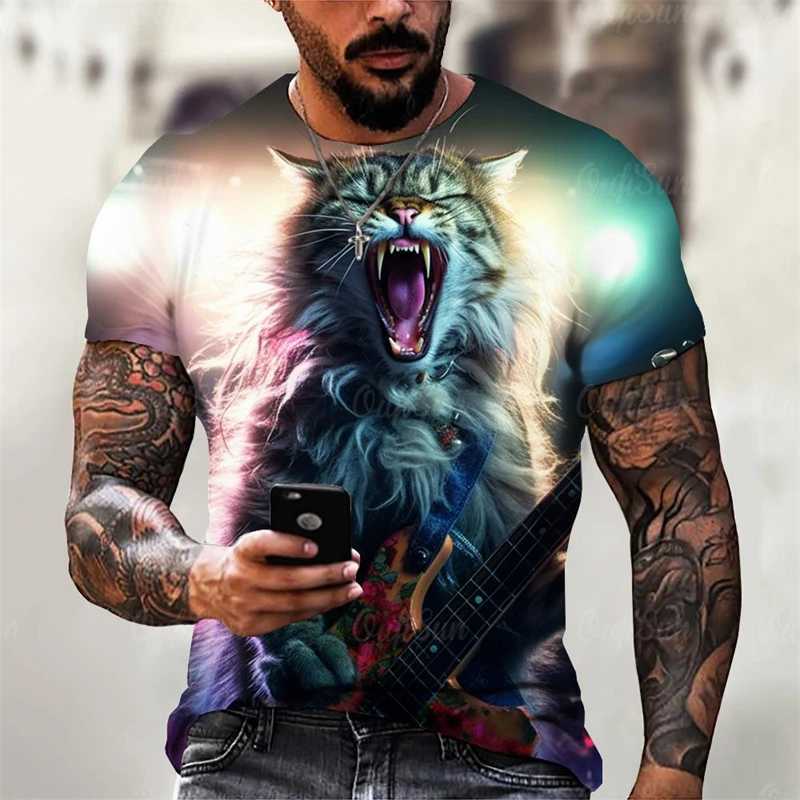 Trend Rock Guitar Cat Graphics T Shirts Summer Fashion Short Sleeve Cool 3D Animals Printed Mens T-shirts Casual Streetwear TeesXJ250117