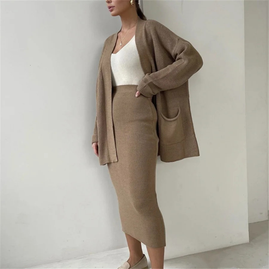 Women Knitted Two Piece Skirt Set Cardigan CoatElastic Waist Bodycon Skirt Solid Color Office Suits Female Autumn Streetwear 250121
