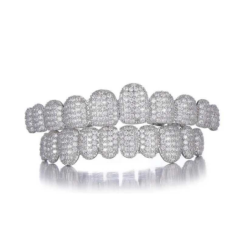 Hip Hop 10 Full CZ Stones Long Teeth Grillz Caps Cubic Zircon Iced Out Micro Pave Top Bottom Charm Grills For Men Women JewelryXJ250114