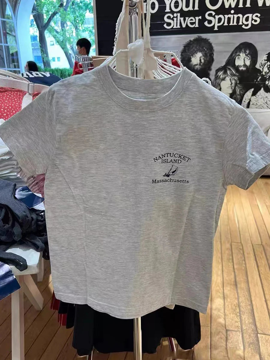 American Vintage Letter Print Short Sleeve T-shirt for Woman Summer O-Neck Soft Cotton Tee Shirt Chic Casual Graphic Tops 250118