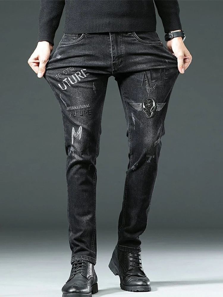 High End Stylish Classic Distinctive Printed Black Stretch Denim Jeans for Men High Quality Slim Fit Stretch Denim Pants 250118