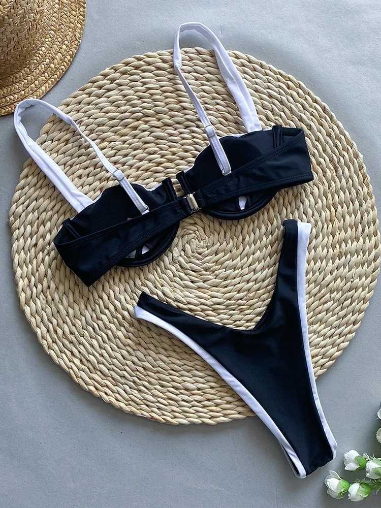 Circyy Swimwear Women Block Color Bikinis Set Black White Contrast Colors Beachwear Summer Two-pieces Bather Sexy Bathing SuitXJ250120