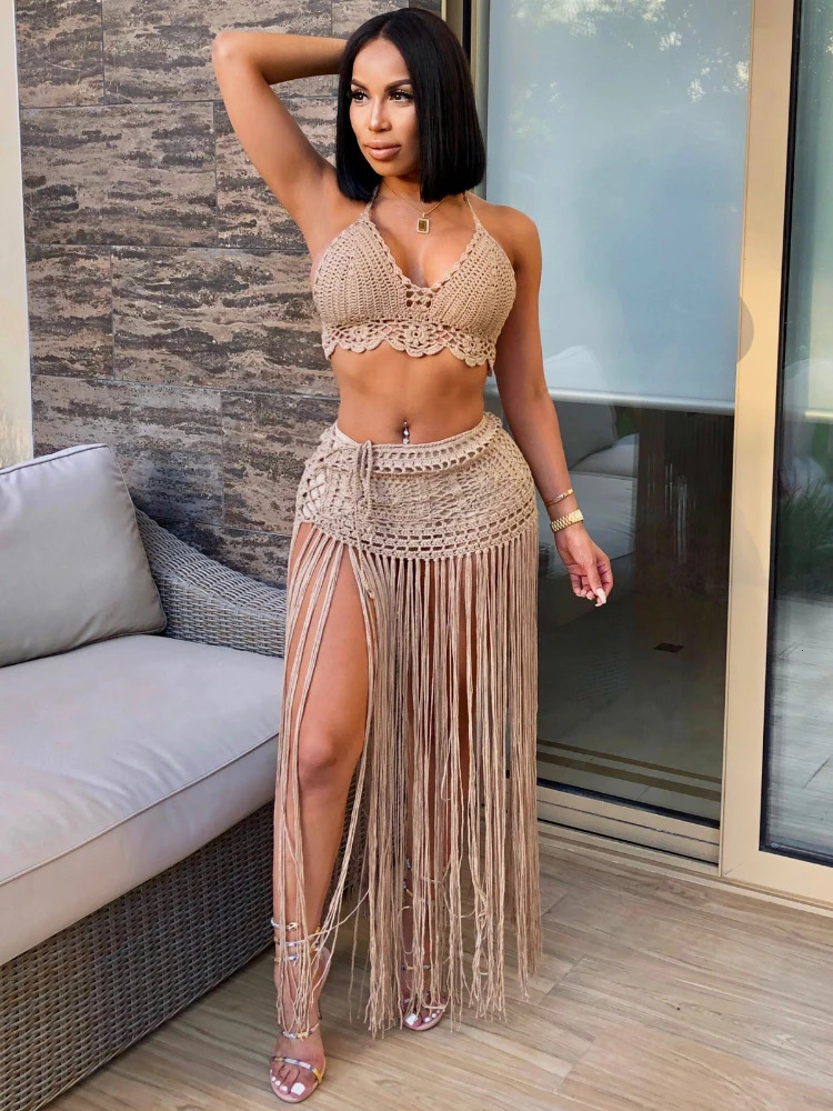 Leosoxs Sexy Women Knitted Set Halter Backless Crop Top Long Tassels Skirt Two Pieces Set Crocheted Beach Outfits 250122