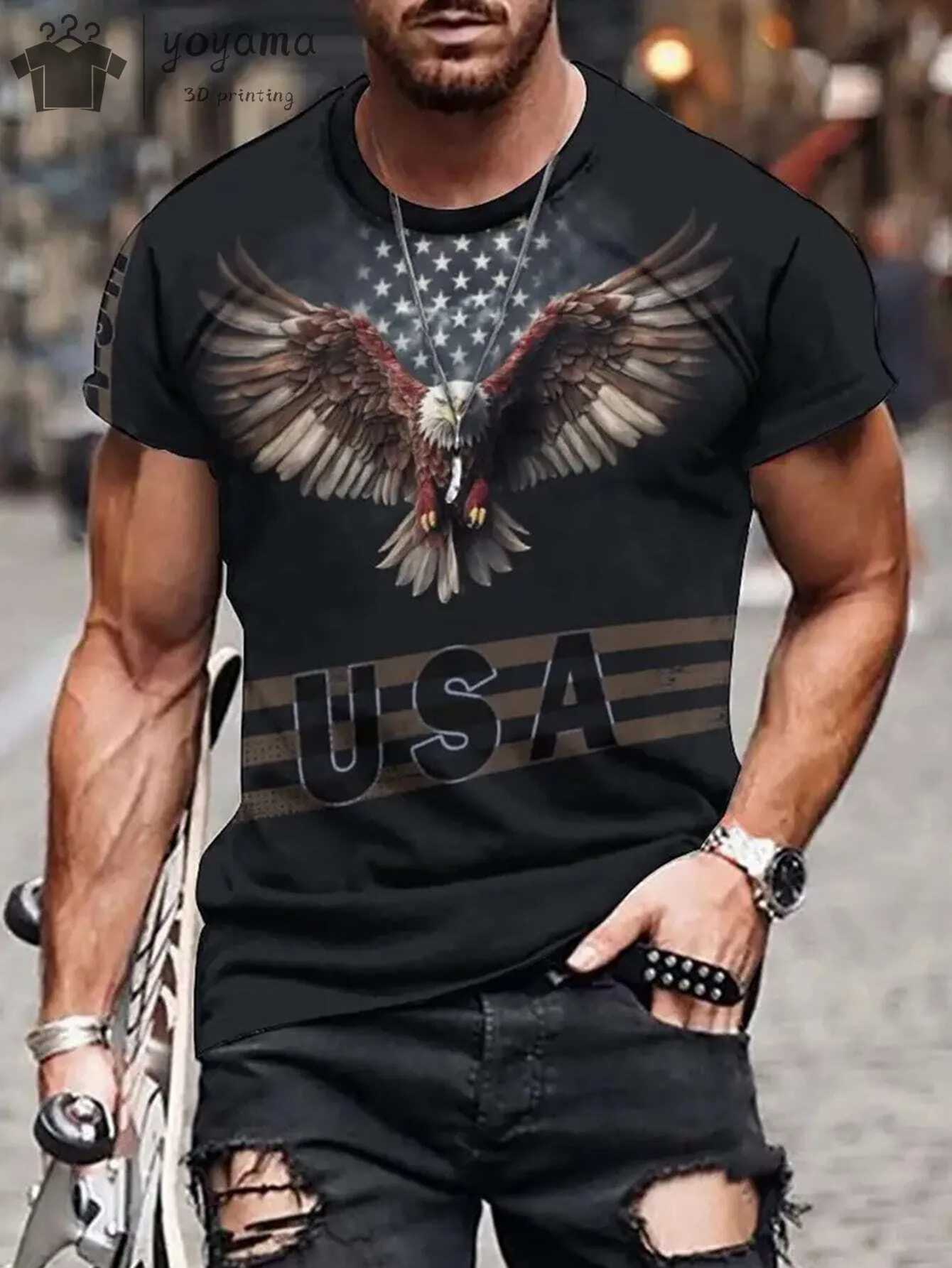 Mens T Shirts Vintage Animal Eagle 3d Printed Casual Short Sleeve Tee Shirt Fashion Outfits Streetwear O Neck Oversized TopsXJ250117