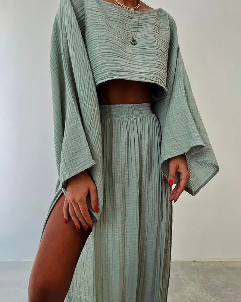 Skirts Two Piece Sets Fashion Women Bohe Mujer Style Loose Crop Top And Slit Maxi Skirts Maching Suits Cotton And Linen Set 250113