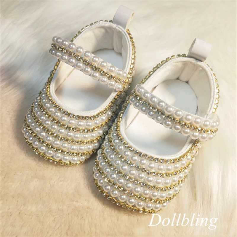 Baby Princess Girl Non white Pearl Ordinary Rhinestone Comfortable Soft Cotton Hook and Loop Toddler Baby Bed Shoes X2503221