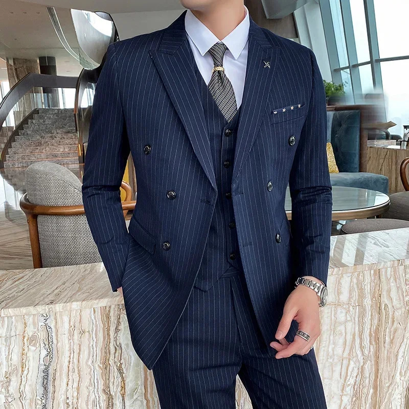 2024 Formal Stripe Men Suits Double Breasted Wedding Groom Stage Tuxedo Man Business Slim Social Suit Dress 2 Pcs 3pcs 250122