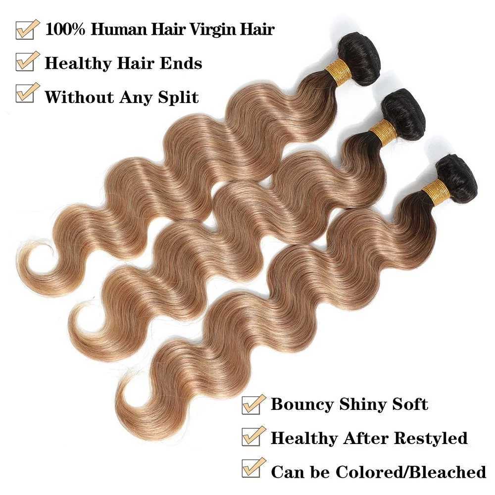 Ombre Body Wave Bundles With Frontal 1B/27 Blonde Colored Bundles With Clo Frontal Brazilian Human Hair Bundles With CloXJ250120