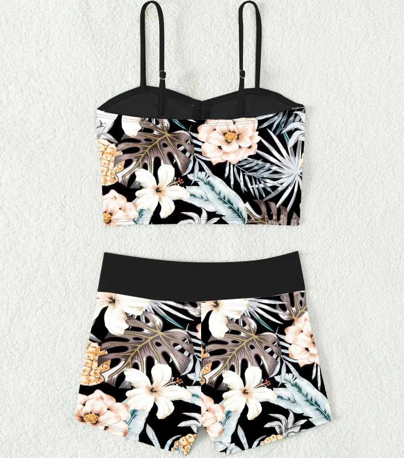 Printed Flower Tankini Set Girl Swimwear Adjustable Strap Vest Bra Fe Flower Shorts Bikini Drstring Women Beach SetXJ250120