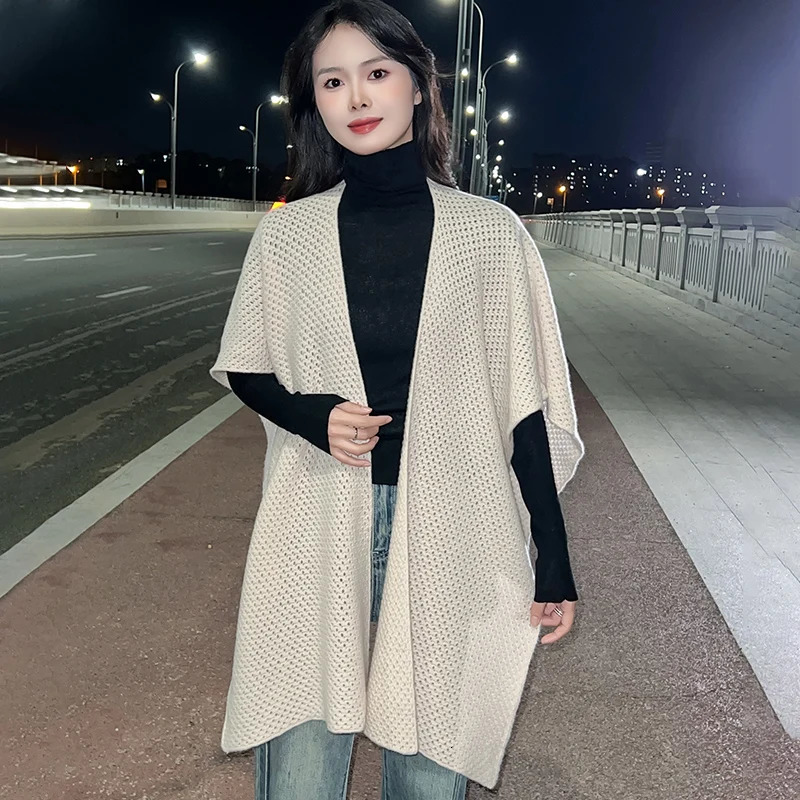 Wool Knitted Korean Edition Internet Celebrity Shawl Autumn/Winter Warm Solid Color Hollow Scarf Fashion Cloak High end Coat 250120