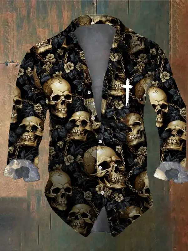 High Quality Halloween Mens Retro Dark Skull Prints Long Sleeve Shirt-Faith Chest PrintRegular FitLapel Collar Polyester Blend Black Tops T250121