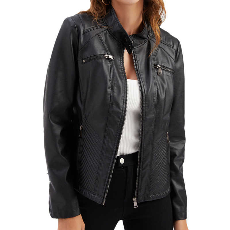 New Womens Casual Leather Jacket Stand Collar Jacket Slim Jacket Womens Spring and Autumn Solid Color Womens Leather Jacket Womens Leather Womens Jack