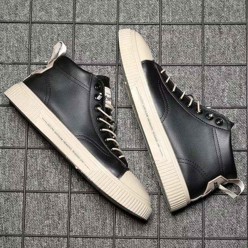 Men Causal Shoes for Spring Summer High Top Lace-up Sneakers Stylish Black White Male Footwear Soft Leather Anti-skid Design