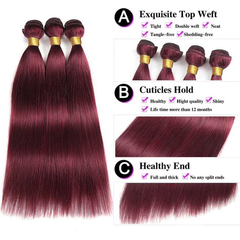 99J Red Straight Human Hair 3 Bundles With 13x4 Frontal HD Lace Front Hair Extensions For Women 30Inch Burgundy Weavings BundlesXJ250120
