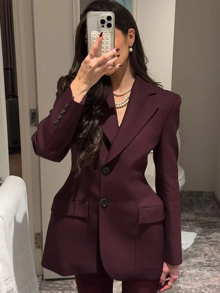 Fashion Casual Burgundy Red Women Slim Blazer Jackets Elegant Lapel Single Breasted Long Sleeved Padded Shoulder Suit 250113Z