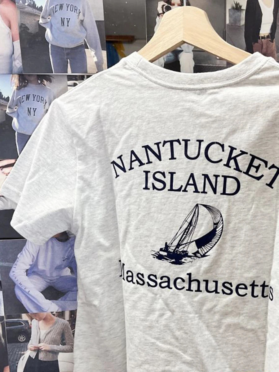 American Vintage Letter Print Short Sleeve T-shirt for Woman Summer O-Neck Soft Cotton Tee Shirt Chic Casual Graphic Tops 250118