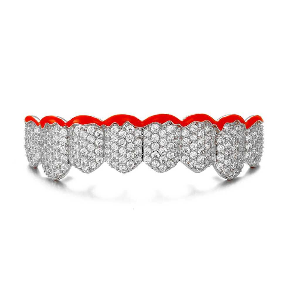 8/8 Red Drip Oil CZ Teeth Grillz Caps Cubic Zircon Iced Out Micro Pave Top Bottom Charm Grills For Men Women Jewelry GiftXJ250114