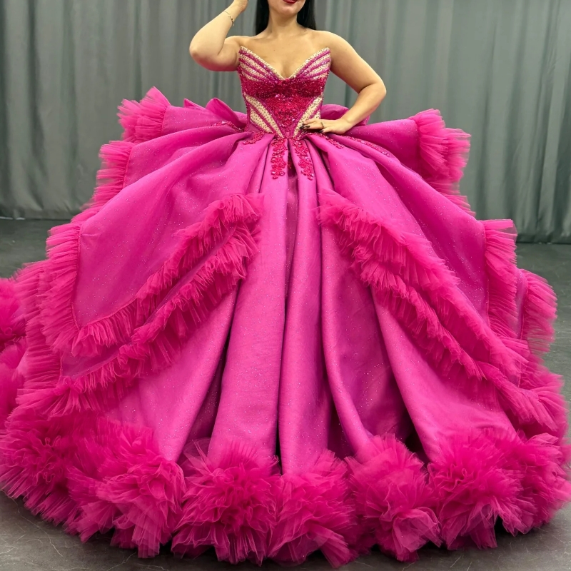 Rose Red Shiny Quinceanera Dresses Ball Gown Off The Shoulder Applique Lace Beading Crystal Tull Tiered Party Birthday Sweet 16 Dres Vestidos De 15 An