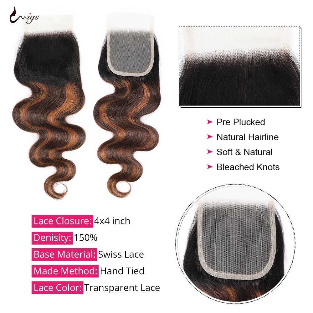 FB 30 Body Wave Bundles With Clo Highlight Brazilian Human Hair Extension Bundles With 4x4 Clo Ombre Brown Bundles HairXJ250120