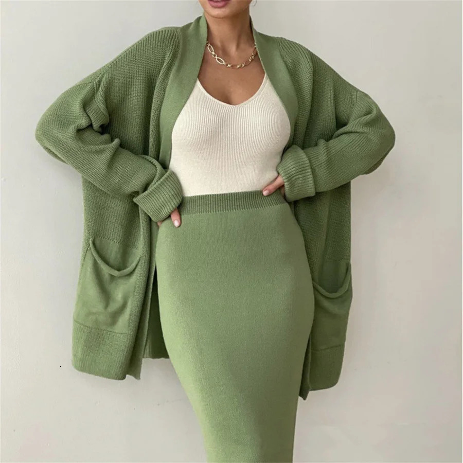 Women Knitted Two Piece Skirt Set Cardigan CoatElastic Waist Bodycon Skirt Solid Color Office Suits Female Autumn Streetwear 250121