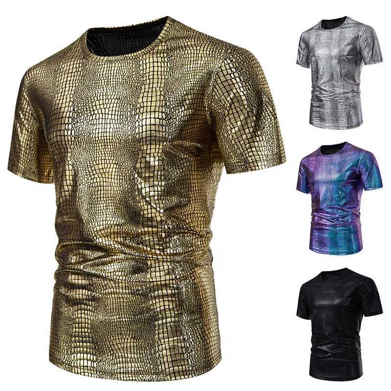 #4102 Gold Silver Black Short SLeeve T Shirt Mesh Streetwear Hip Hop T Shirt O-neck Loose Shinny Surface Thin Tee ShirtXJ250117