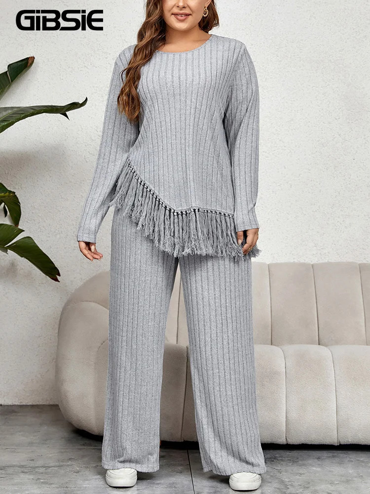 GIBSIE Plus Size Women Home Style Two Piece Outfit Fall Casual ONeck Long Sleeve Tassel Hem Tops with Wide Leg Pants Sets 250122