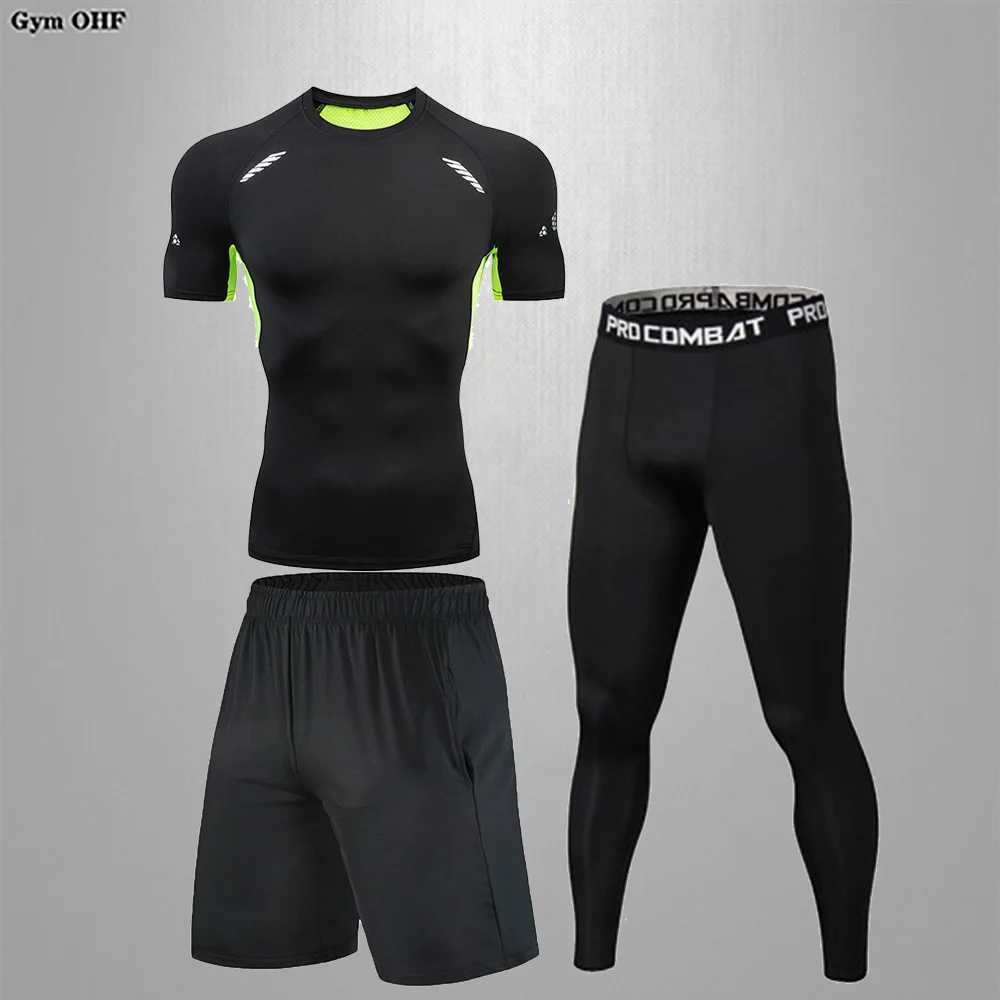 3-piece mens solid color quick dry running set mens gym T-shirt tight fitting set outdoor sports compression shirt X250129