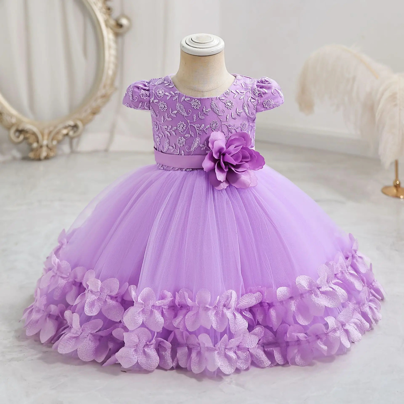 Flower Princess Dress For Girls 0 to 12 months Cute Bowknot Petal Clothes Baby Girl Gowns Embroidery Toddler born One-piece 250120