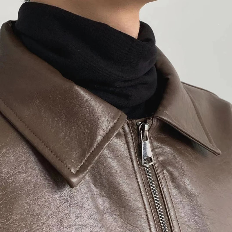 Vintage PU Leather Jackets Men Autumn Fashionable Solid Color Lapel Zip-up Leather Coats Men Stylish Loose Long Sleeve PU Jacket 250120