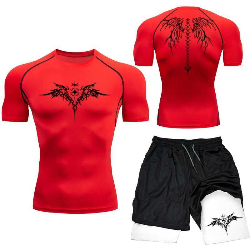 Compression Set Y2K Print Sportwear for Men Quick Dry GYM Shorts+Shirt 2PCS Quick Dry Rashguard Training Sport Suit 2024 New X250129