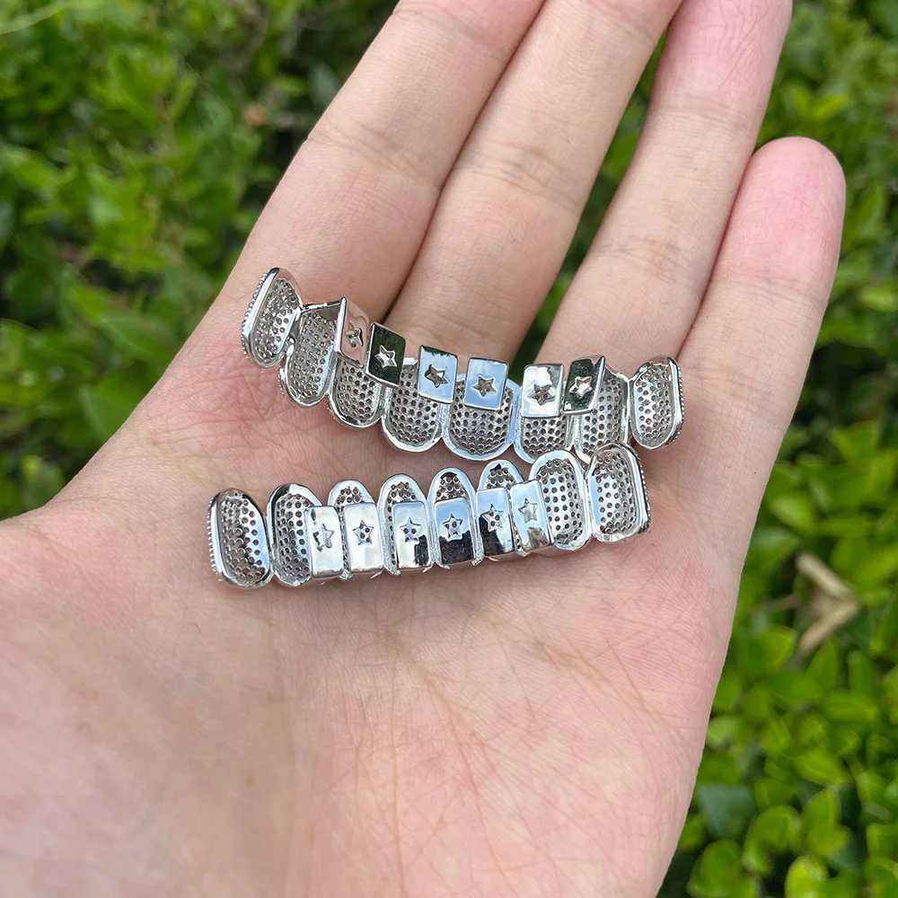 RACHELZ Punk Iced Out CZ Stone Teeth Grillz Hip Hop Silver Color Zircon Tooth Caps Decor For Men Women Dental Grills JewelryXJ250114