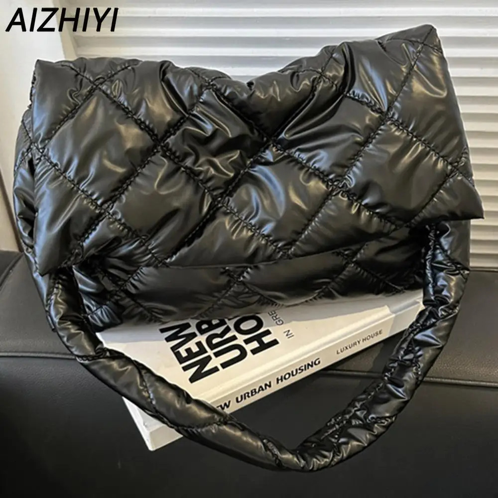 Winter Women Puffer Tote Bag Cotton Down Padded Shoulder Bags Quilted Handbag Purse Pleated Nylon Shopper Messenger Bag 250113