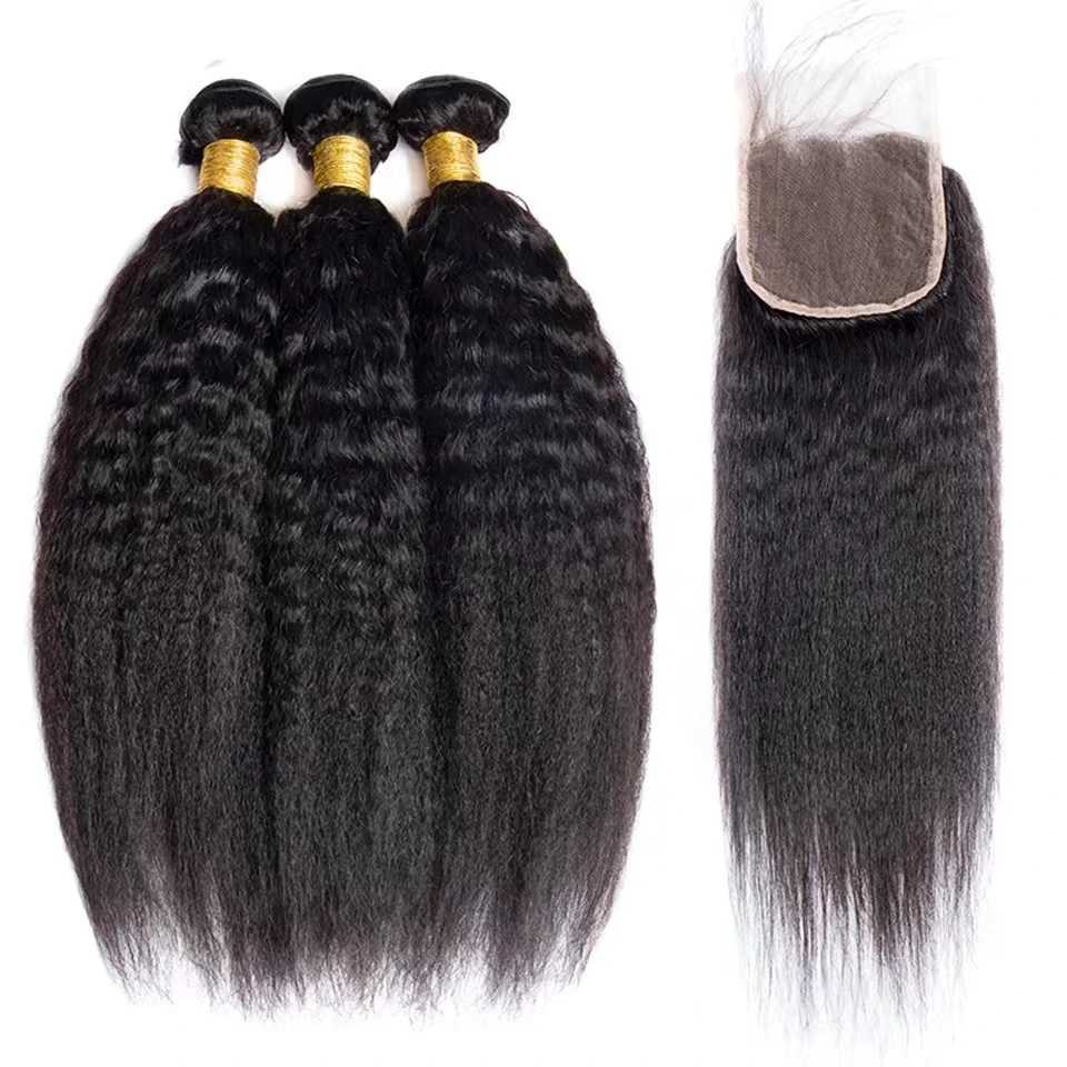 Kinky Straight Hair Bundles with Clos Yaki Human Hair Bundles with Clo 12-32inch Brazilian Raw Hair Bundles with CloXJ250120