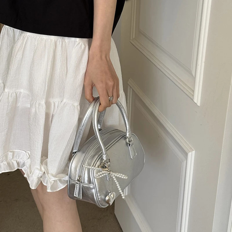 Silver small square PU handheld crossover bag bowling fashionable and casual womens Boston commuting 250122