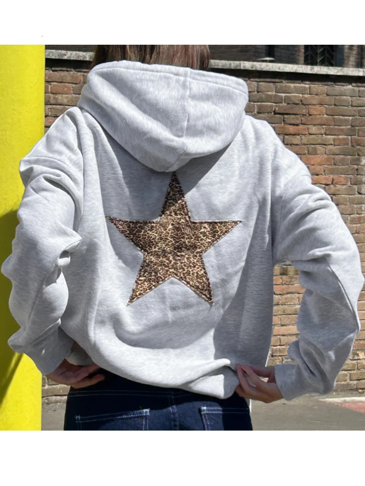 European and American crossborder womens long sleeved star printed shoulder down hooded drawstring sweatshirt 250122