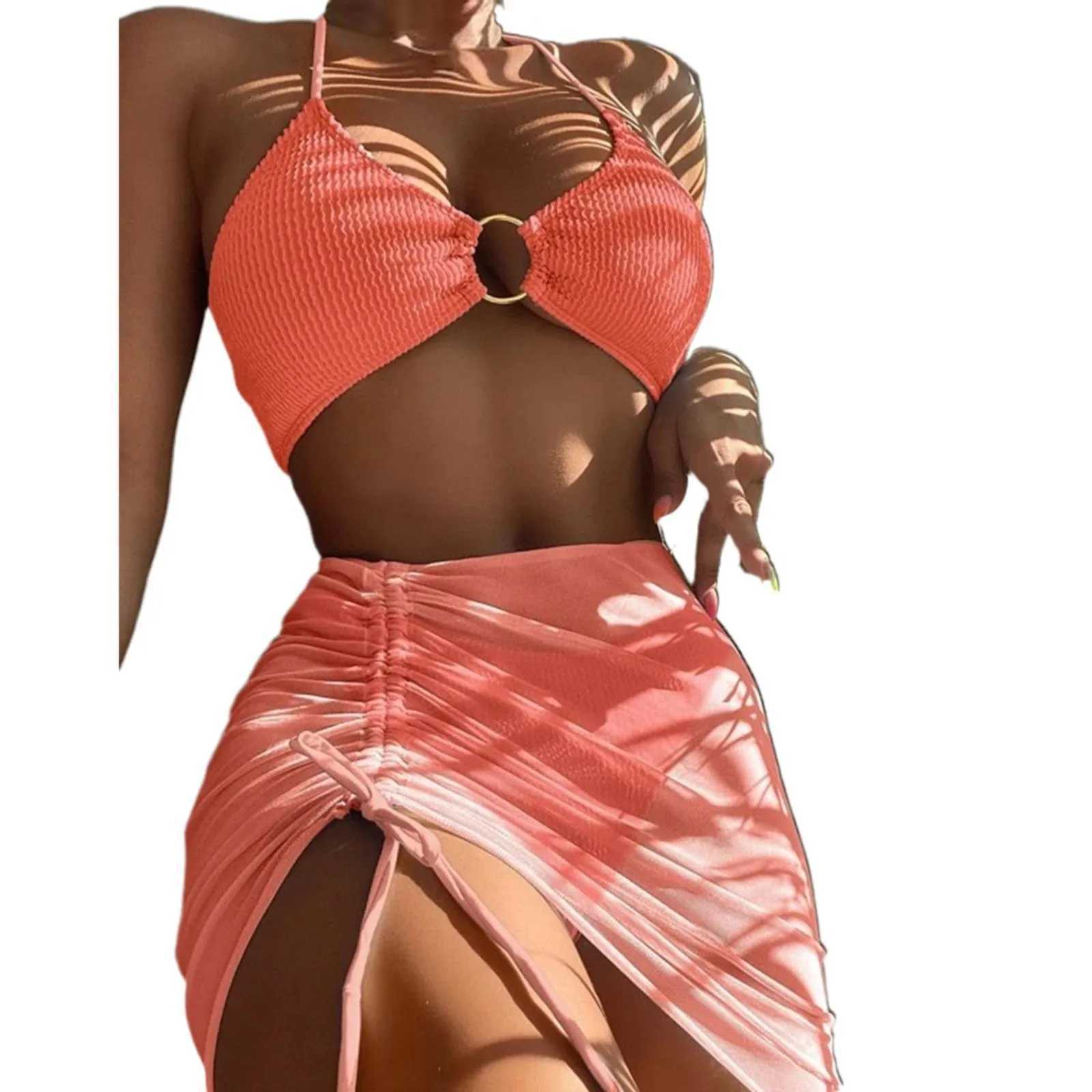 WomenS Bathing Suits 3 Piece Halter Ring Bikini Set With Cover Up Skirt And Bikini Split Swimsuit Fe Summer Beach WearXJ250120