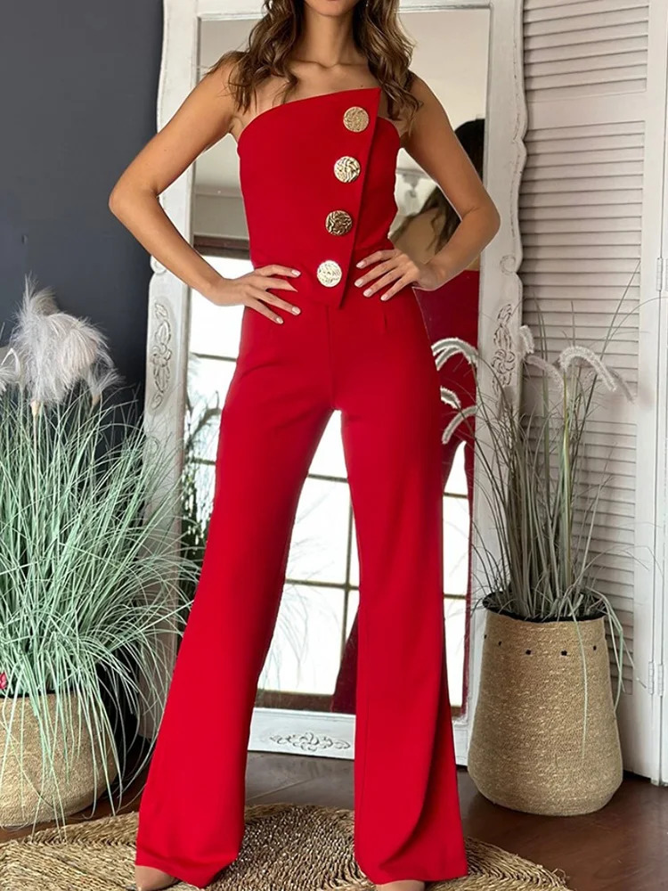 Summer Women Strapless Patchwork Jumpsuits Simple Sleeveless High Waist Playsuits Chic Wide Leg Pants Solid Bodysuits 250114