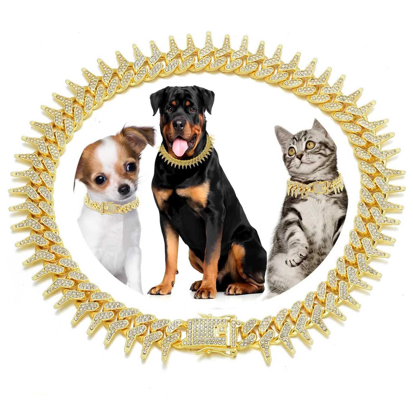 13mm Bling Diamond Chain Dog Cat Collar with Spiked Rivet Design Luxury Gold Cuban Link Dog Collar for Small Medium Large Dogs X250129