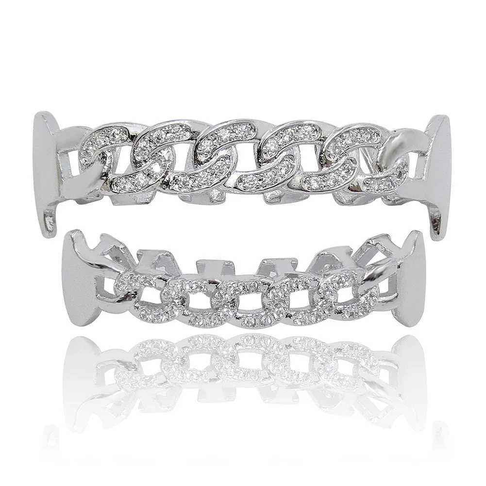 Hollow out Top Bottom Mouth Iced Out Cubic Zirconia Brass Grillz Teeth For Men Teeth Grills Tooth Caps Removable Body JewelryXJ250114